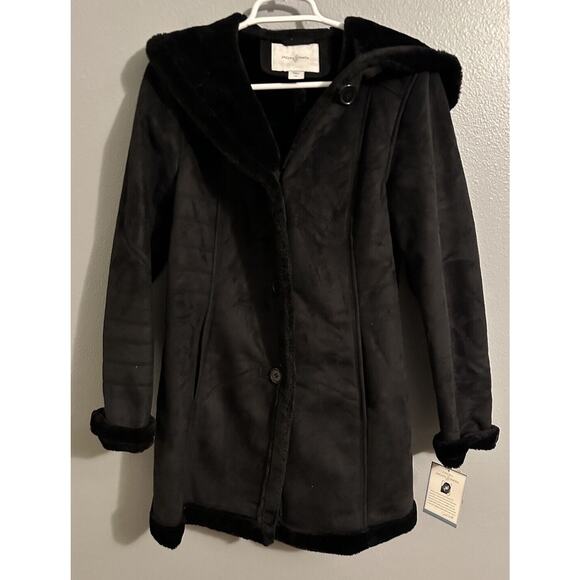 Jaclyn Smith Womens Small Hooded Shearling Fox Fur Lined Coat Button Up NWT - Picture 1 of 7